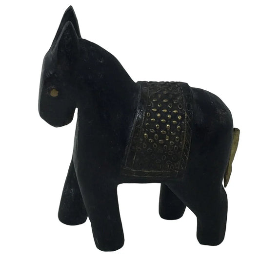 Wood Horse/Donkey Hand Carved Decorative Figurine with Brass Blanket & Brass Tack Eyes A+ Stuff A+ Stuff