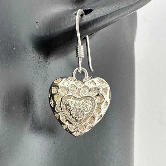 Sterling Silver Heart Dangle Earrings with Small Genuine Diamond in Center - A+ Stuff