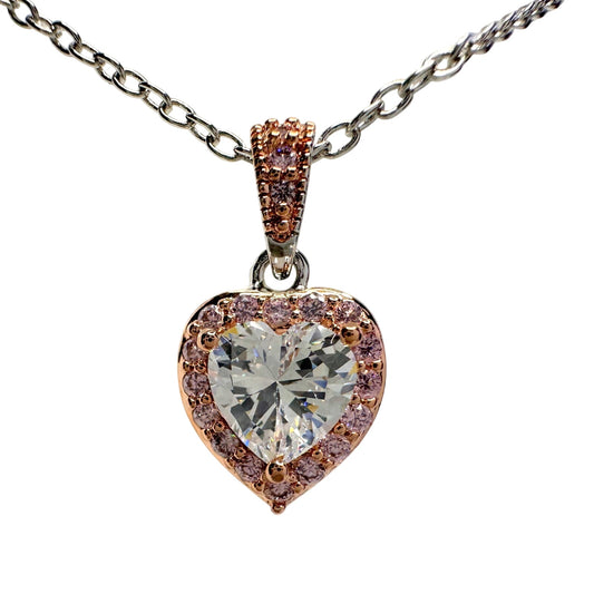 Pretty Rhodium Plated Pink Topaz and Zirconia Heart Necklace