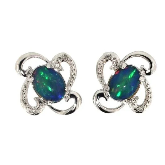 Mesmerizing Natural Cabochon Black Opal Earrings Diamond Accent - Sterling Silver - A+ Stuff