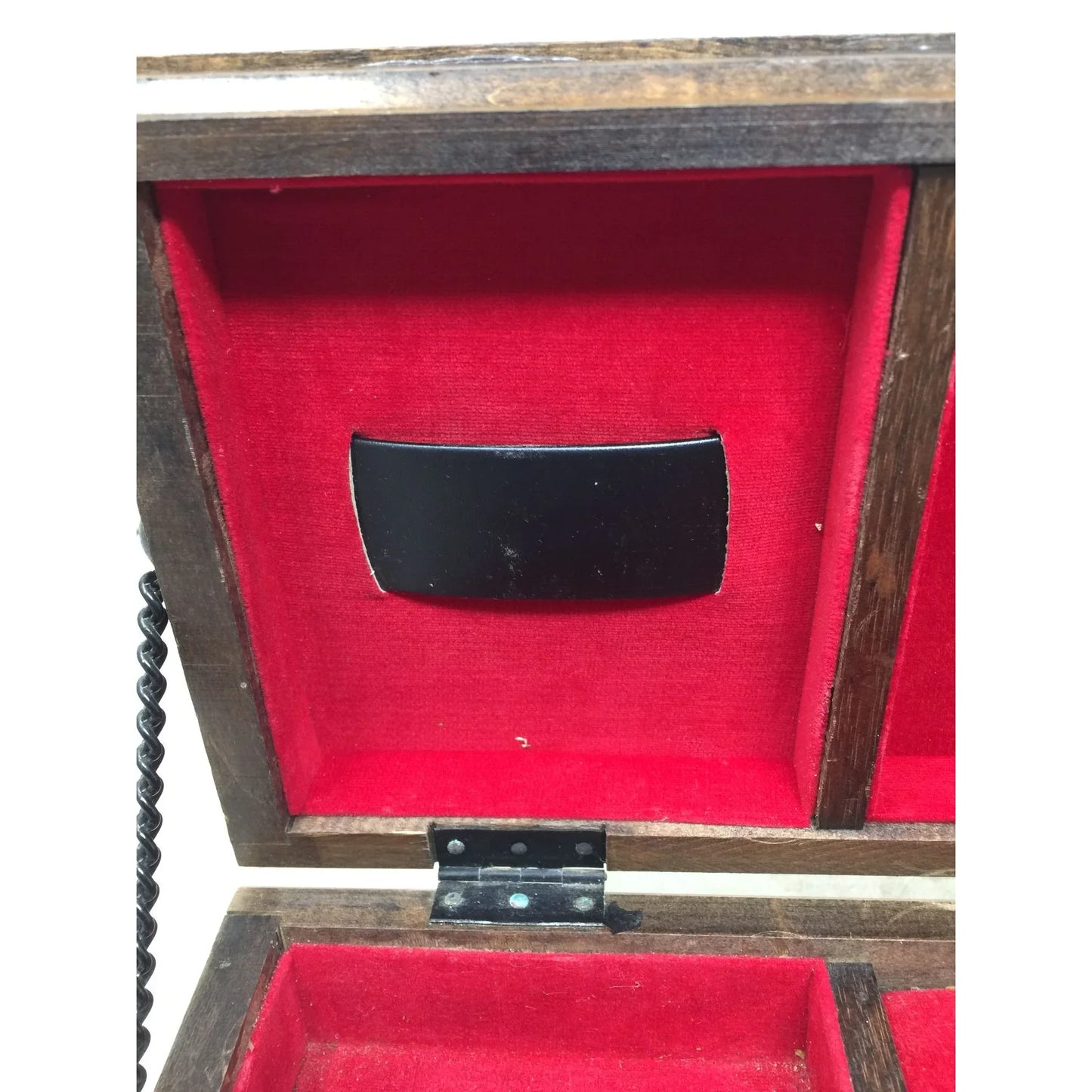 Vintage Mid Century Wooden Jewelry Box w/ Red Velvet Interior - A+ Stuff