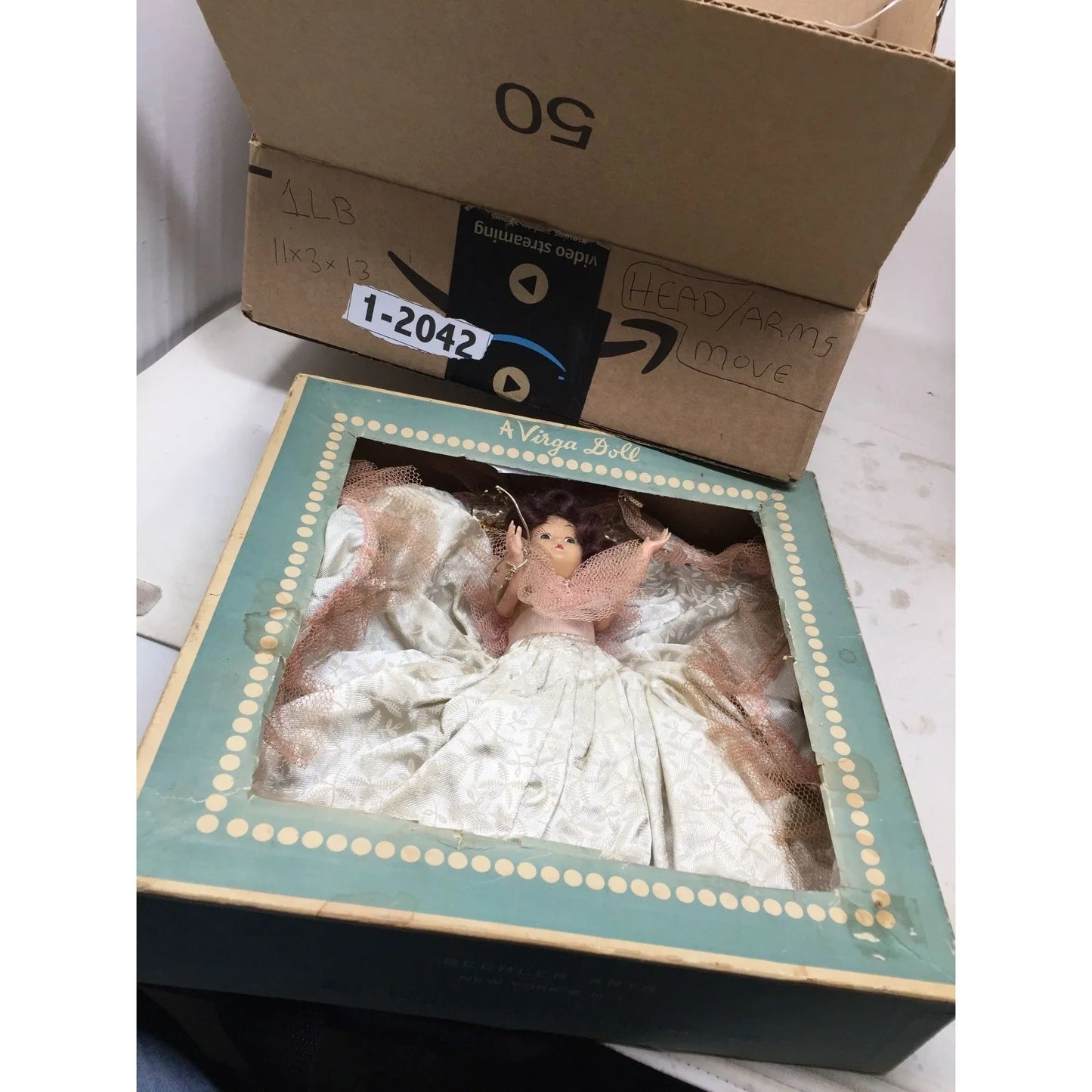 Vintage Brunette Doll in a Virga Doll Box - Fancy Dress / Gown with Embellishments on Edges A VIRGA DOLL A+ Stuff Mid century Doll
