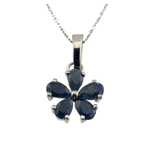 Natural Blue Sapphire Flower Necklace with Pendant - Sterling Silver - Simply Beautiful!
