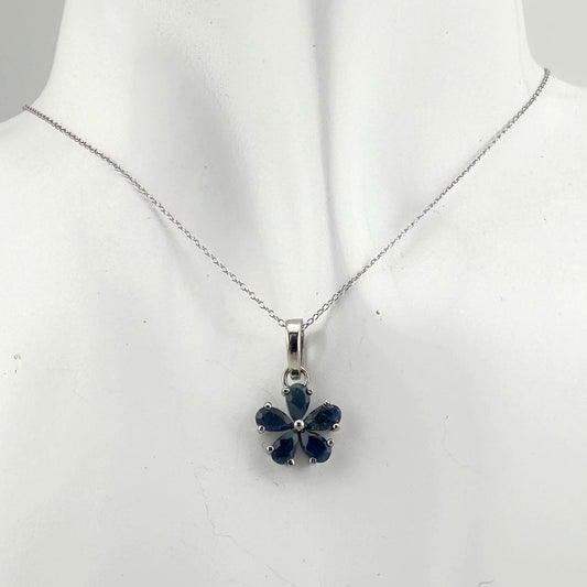 Natural Blue Sapphire Flower Necklace with Pendant - Sterling Silver - Simply Beautiful!