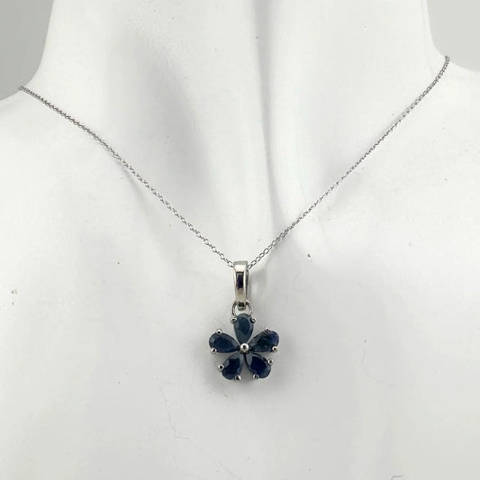 Natural Blue Sapphire Flower Necklace with Pendant - Sterling Silver - Simply Beautiful! - A+ Stuff