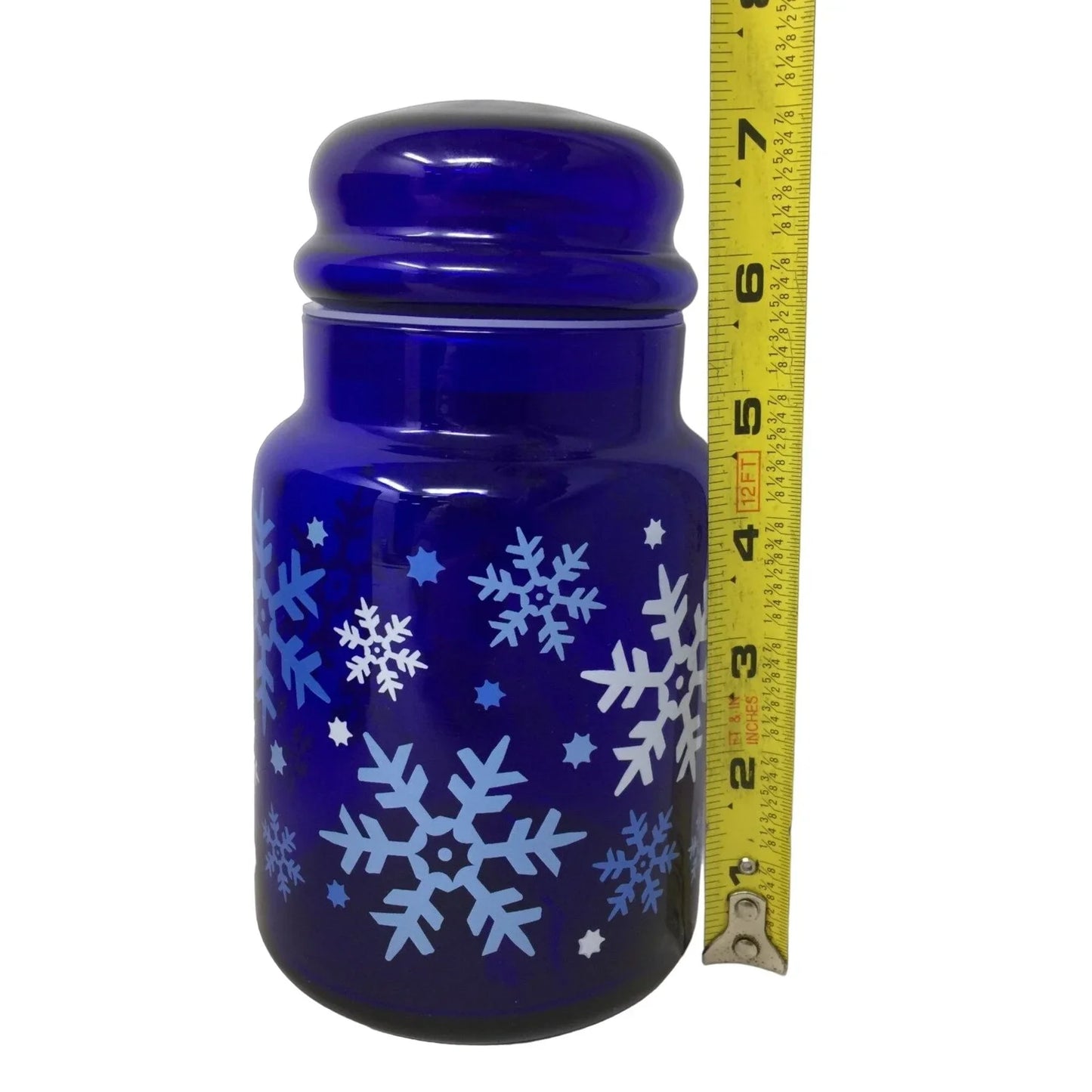 Vintage Libbey 7" Blue Cobalt Lidded Jar with Blue/White Snowflakes - A+ Stuff
