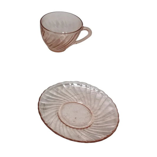 Arcoroc France French Rosaline Pink Swirl Glass Saucer and Handled Tea Cup A+ Stuff A+ Stuff