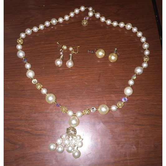 Womens Faux Pearl and Crystal Drop Necklace with 2 Pairs of Earrings - A+ Stuff