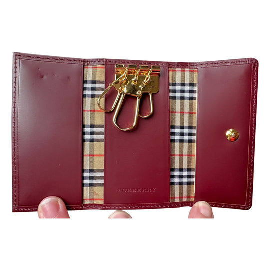 Burberry Burgundy Leather Key Holder with Nova Check Accents