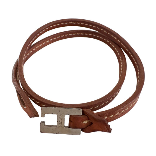 Hermes Tillet Leather Double Wrap Bracelet (Brown w White Stitching)