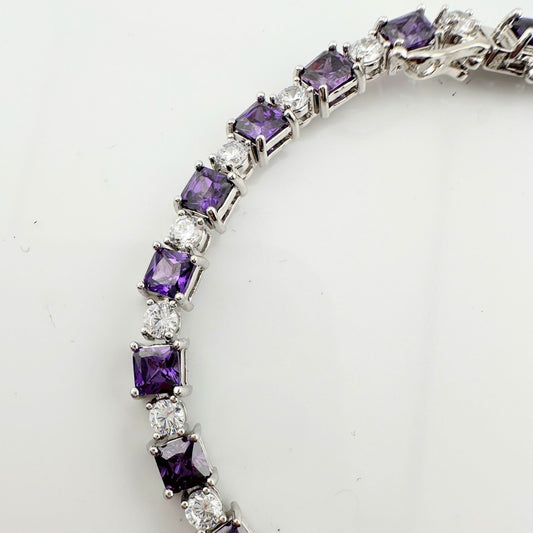 Princess Cut 15 Carat Vivid Purple Amethyst & Round Topaz Bracelet - Lab Created Gemstones