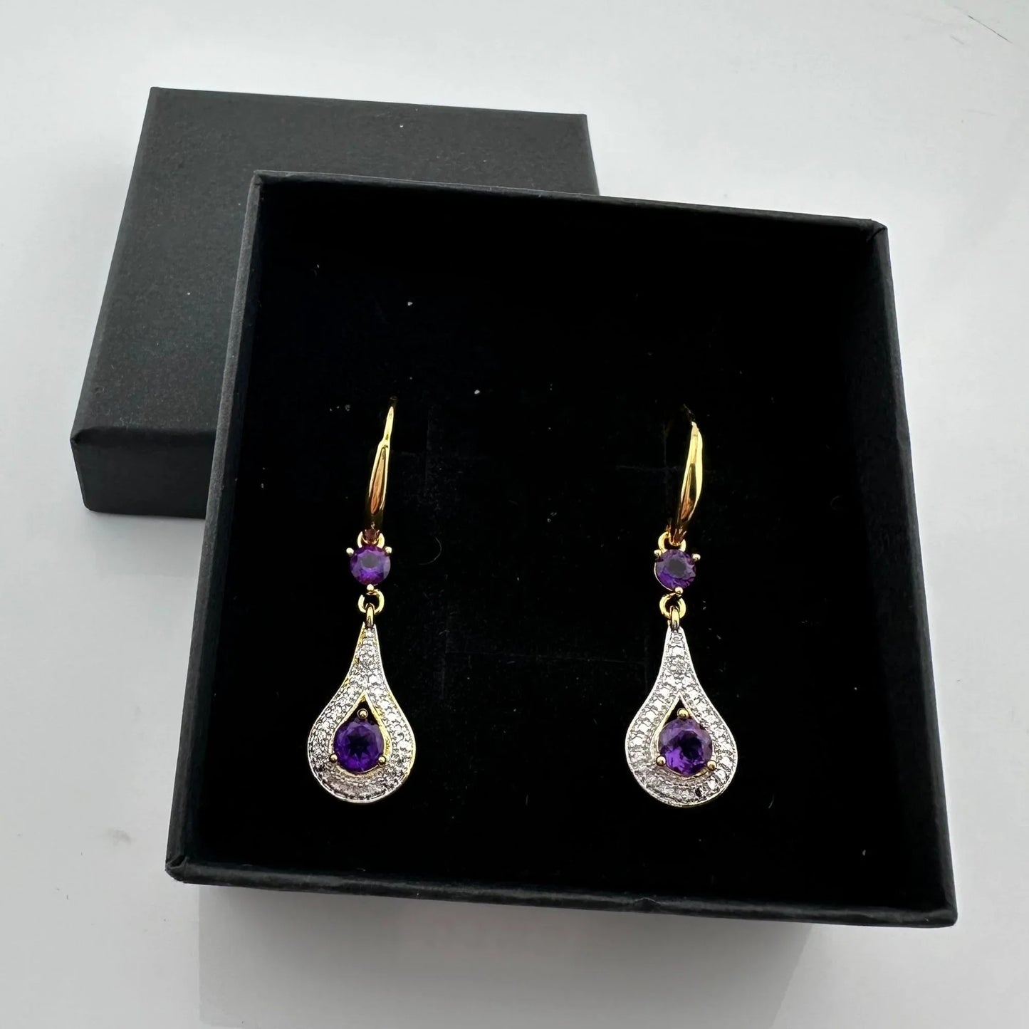 Pretty Teardrop Purple African Amethyst Earrings with Detailing and Gold Overlay - A+ Stuff