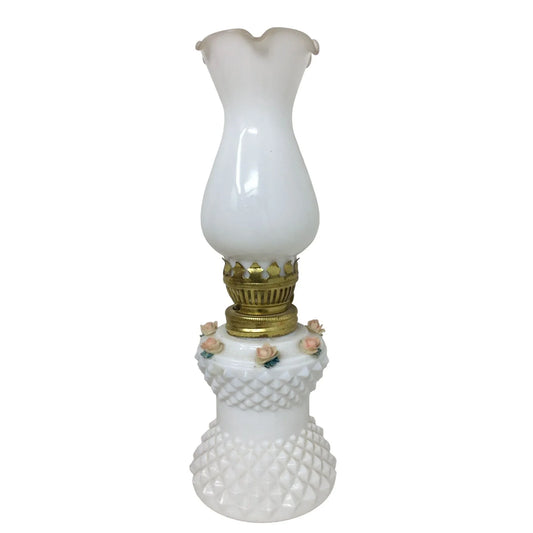 Oil Lamp- White with Pink Roses and Diamond Pattern 8.5 inches Tall A+ Stuff A+ Stuff