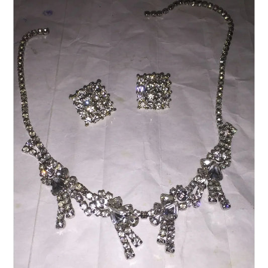Womens Sparkly Rhinestone Necklace and Matching Clamp/Clip On Squared Earrings - A+ Stuff