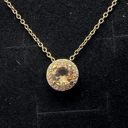 Bright Round 2.00 Carat Golden Citrine Halo Necklace - 14kt Gold Overlay Sterling Silver with 18" Chain - A+ Stuff