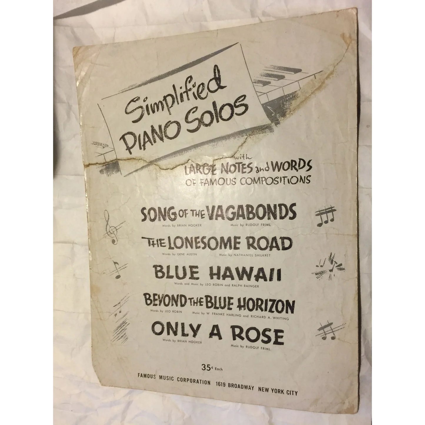 Simplified Piano Solo Only A Rose With Large Notes & Words Vintage Sheet Music Book - A+ Stuff
