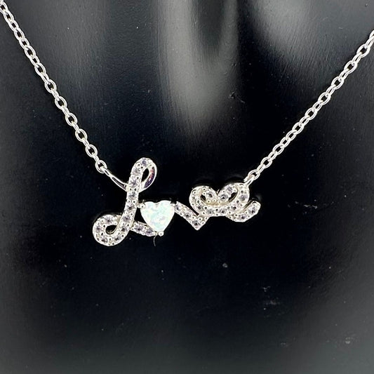 "Love" with Created White Opal Heart Necklace - Sterling Silver 16" Chain