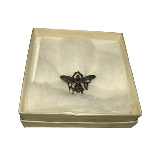 Small Vintage Silver Tone Bee Pin/Brooch with Blue Rhinestone - A+ Stuff