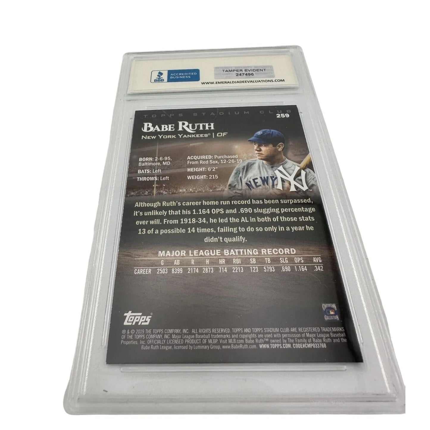 2019 Stadium Club - Babe Ruth Card # 259 Graded GEM MT 10 - A+ Stuff