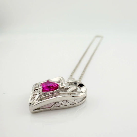 Bright and Beautiful "Mom" Neckace - Heart Shaped Lab Created Pink Sapphire - Sterling - A+ Stuff