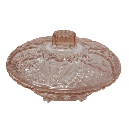 Vintage Pink Pressed Glass Lidded Candy Dish "Hearts and Roses" KIG Indonesia A+ Stuff A+ Stuff