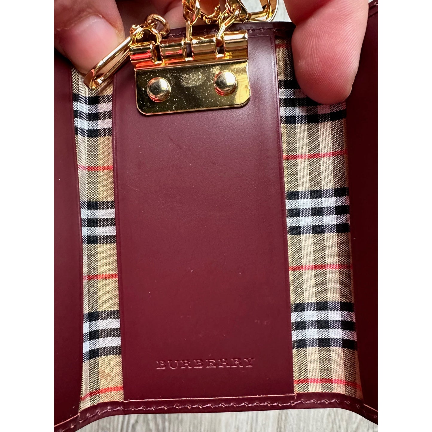 Burberry Burgundy Leather Key Holder with Nova Check Accents