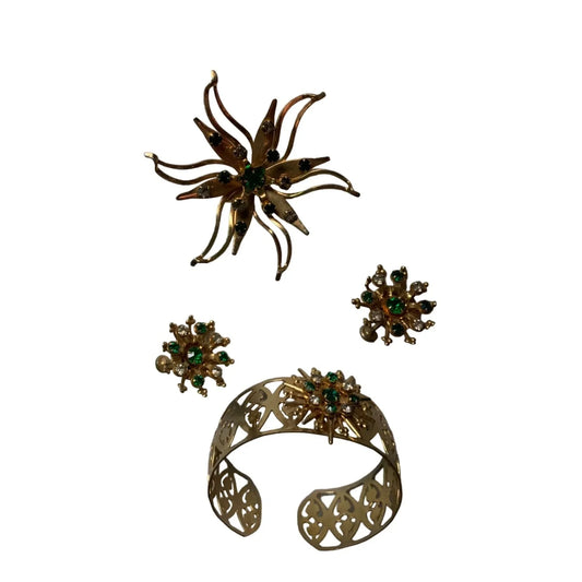 Vintage Womens Jewelry - Goldtone Bracelet, Earrings and Pin w/ Green/Clear Rhinestones - A+ Stuff