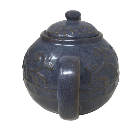 Navy Blue Ceramic Lidded Teapot with Swirl/Leaf Design (about 6 inches tall) A+ Stuff A+ Stuff
