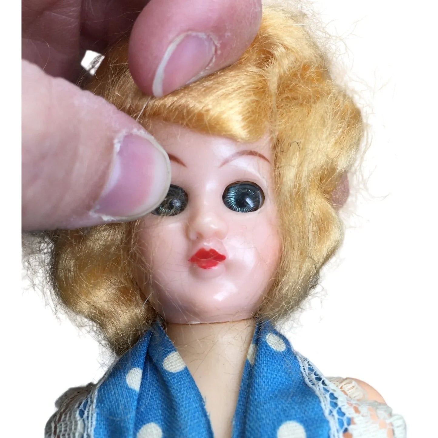 Vintage Collectible Doll Blonde Hair, Blue Eyes Wearing Blue/White Polka Dotted Dress A+ Stuff A+ Stuff