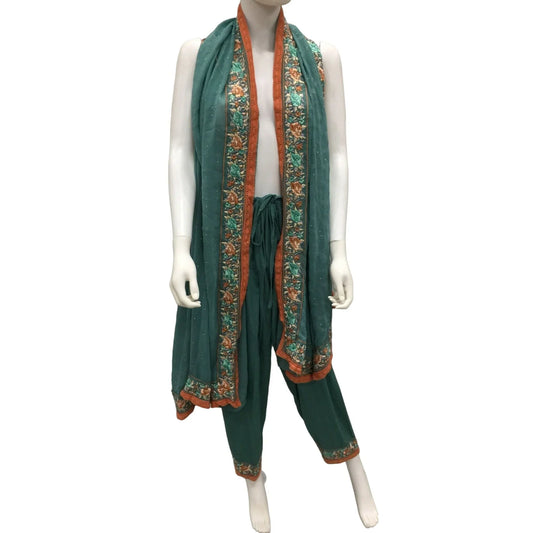 Beautiful Embroidered Flower Printed Pakistani/Indian Green Adjustable Pants/Shawl Set A+ Stuff A+ Stuff