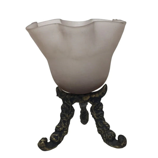 Vintage 3 Footed Candle Holder W/ Frosted Tulip Shaped Glass On Metal Feet A+ Stuff A+ Stuff
