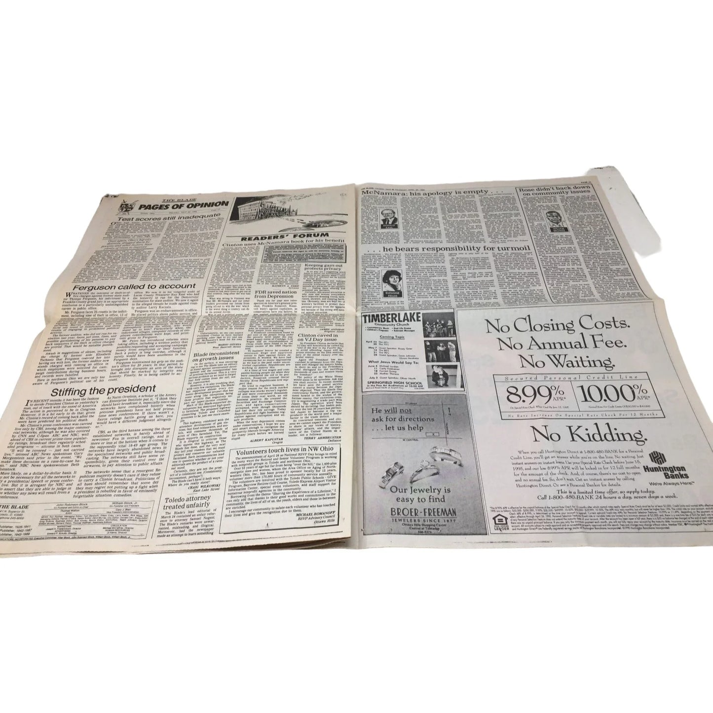 The Blade Vintage Collectible Newspaper April 20, 1995 "Terror bombers will pay, Clinton promises" the blade A+ Stuff