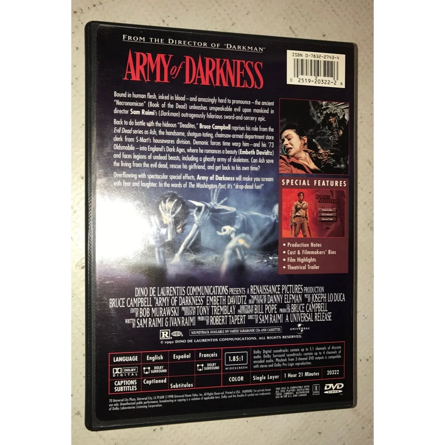 Army of Darkness- From the Director of "Darkman" Vintage DVD In Case - A+ Stuff