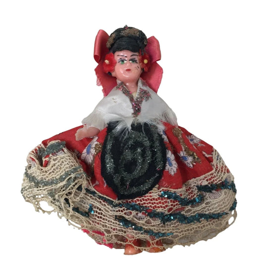 Small Mid Century Collectible Vintage Spanish/Spain Cultural Dressed Doll with Bow and Dress A+ Stuff A+ Stuff