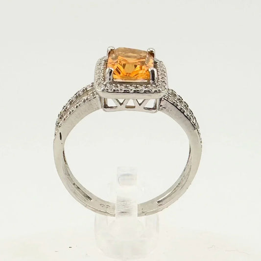 Radiant Cut Golden Citrine Gemstone Halo Set Surrounded with Diamond Accent - Sterling Silver - A+ Stuff