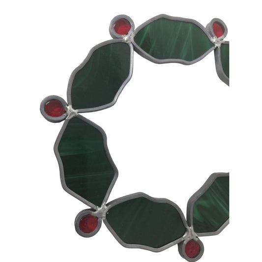 Vintage 1992 Red/Green Stained Glass Holiday Christmas Holly Wreath Window Hanging Ornament A+ Stuff A+ Stuff