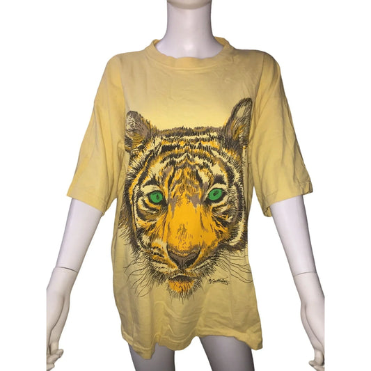 Yellow T Shirt with Green-Eyed Tiger - XL Tee Shirt Calhoun A+ Stuff