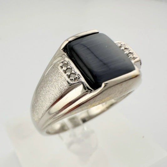 Elegant Men's Cat Eye and Diamond Ring - Sterling Silver Size 10 - Natural Gemstones - A+ Stuff