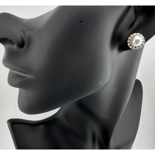 Lovely Pearl Halo Stud Earrings- 8.5mm - Sterling Silver (.925) - A+ Stuff