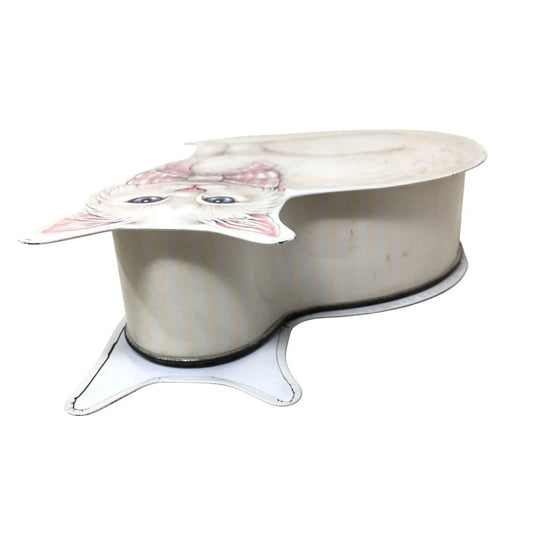White Cat Shaped Tin Box - Two Sides of Art with Pretty White Cat with Pink Striped Bow & Blue Eyes - A+ Stuff
