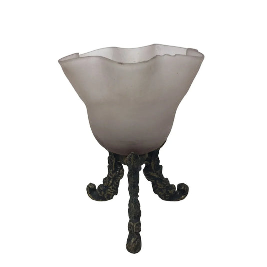Vintage 3 Footed Candle Holder W/ Frosted Tulip Shaped Glass On Metal Feet A+ Stuff A+ Stuff