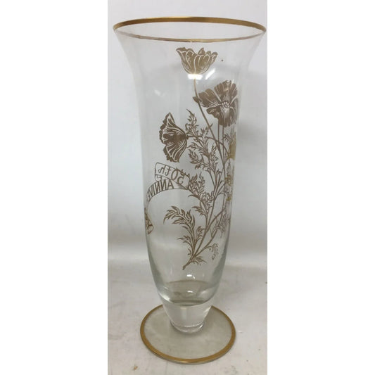 50th Anniversary Tall Clear Glass Footed Vase with Gold Tone Flowers A+ Stuff A+ Stuff