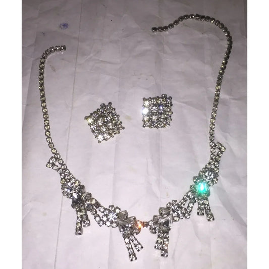 Womens Sparkly Rhinestone Necklace and Matching Clamp/Clip On Squared Earrings - A+ Stuff