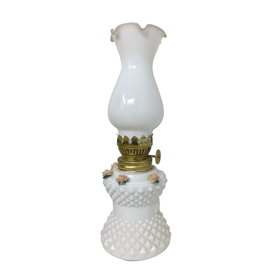 Oil Lamp- White with Pink Roses and Diamond Pattern 8.5 inches Tall A+ Stuff A+ Stuff