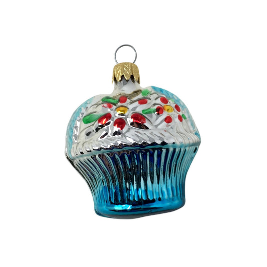 Glass Christmas Ornament Shaped Like a Floral Basket Blue w Red Flowers