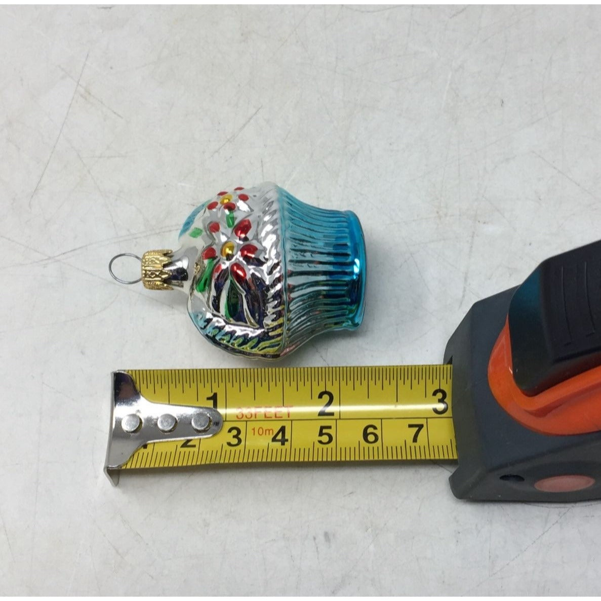 Glass Christmas Ornament Shaped Like a Floral Basket Blue w Red Flowers