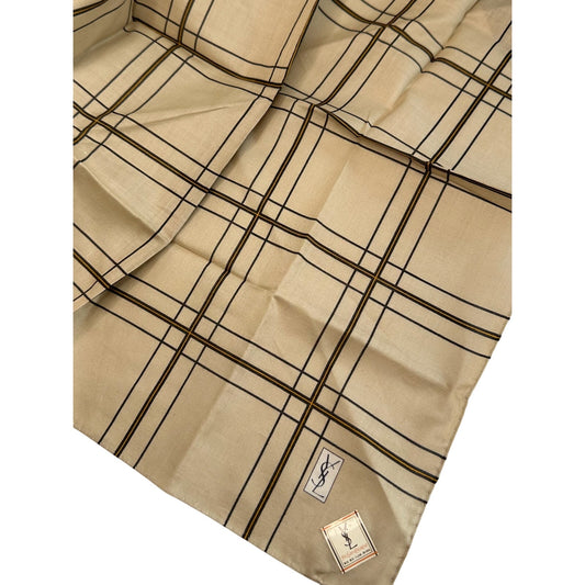 YSL Yves Saint Laurent Pocket Square Handkerchief / Scarf - Beige Plaid