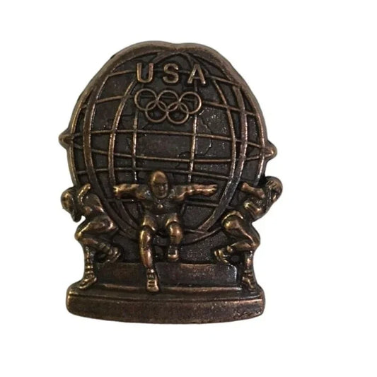 Vintage Bronze USA Olympics Pin Athletes Holding up the Globe - A+ Stuff