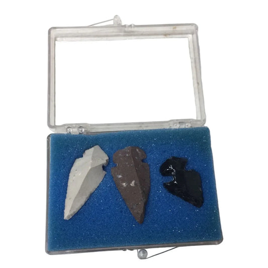Vintage Hand Chipped Stone Arrowheads (3) in Small Clear Case A+ Stuff A+ Stuff