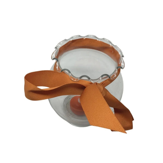 Round Clear Glass Vase/Candle Holder with Orange Ribbon Around it - A+ Stuff